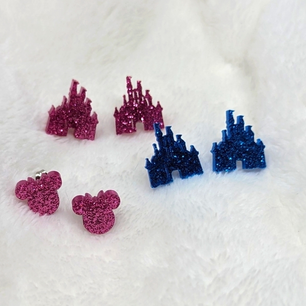 Disney Castle And Minnie Mouse Pink and Blue Acrylic Stud Earrings Bundle